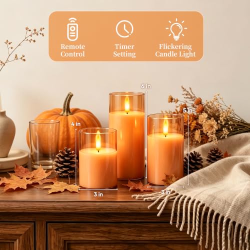 Image of Amagic Clear Glass Flameless Candles Battery Operated with Timer, Remote Control, LED Pillar Candles, Battery Powered for Halloween, Thanksgiving, Fall Home Decor, Orange, Set of 3