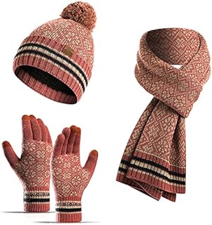 Scarf Hat Glove Sets for women men Soft Stretch Warm Knitted Pompom Beanie Cap Scarf and Touchscreen Gloves