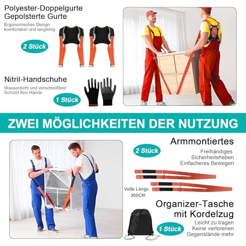 Kottwca Tragegurte Umzug 2 Personen Kit für den Umzug von Möbeln & Geräten, Tragfähigkeit 400 kg,Tragegurt für Möbel Umzugshelfer mit Rutschfesten Handschuhen, Einfaches Heben, Tragen, Möbeltragegurt