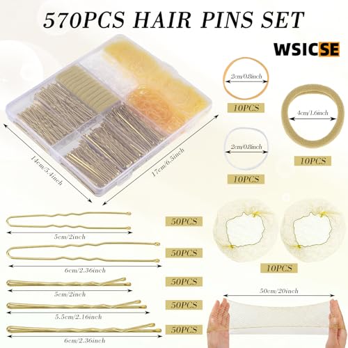 570PCS Blonde Bobby Pins for Women, Hair Pins Kit with Hair Nets for Buns, U-shaped Bobby Pins Bulk for Wedding Bridal Styling with Storage Box, French Hair Pin Clips Hair Accessories (Gold) - Thumbnail 2