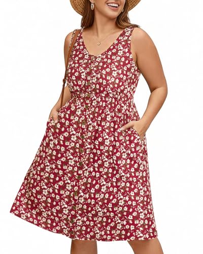 Image of Holipick Women's Plus Size Summer Dresses for Women Casual Dress with Pockets A-Line Swing Button Down Sleeveless V Neck