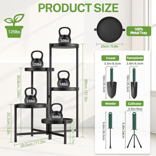 Image of iDavosic.ly 5 Tier Large Plant Stand with Garden Tools, Tiered Corner Metal Indoor Outdoor Flower Display Holder Shelf with 10 Inch Wide Tray, Folding Tall Rack for Patio Porch Living Room, Black
