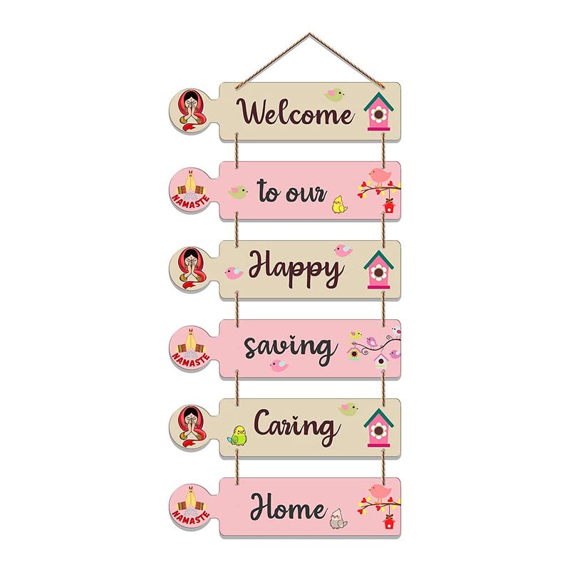 Image of Welcome to Our Happy Caring Home Wall Hanging Decor | Wooden Inspirational Quote Hanging for Living Room, Bedroom, Entrance | Home Decoration Item