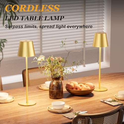 Image of Cordless Table Lamp Rechargeable Gold - KK 2 Pack 5000mAH Battery Operated Lamp for Dining Table, 3 Color Stepless Dimming Wireless Lamp for Counter, Outdoor Patio, Touch Control, Water Repellent