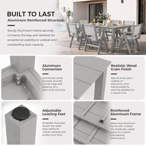 Image of 7-Piece Patio Dining Table Set, 69 inch Rectangle HDPE Outdoor Table & 6 Textilene Chairs Set with 2 inch Umbrella Hole, Wood-Look Finish, All-Weather Dining Set for Backyard, Poolside, Light Gray