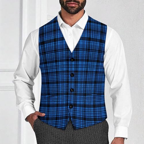 Classic Blue Plaid Men's Suit Vest Slim Fit Business Dress Party Pattern Waistcoat Vest Top2