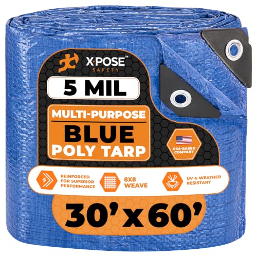 Image of Better Blue Poly Tarp 30' x 60' - Multipurpose Protective Cover - Lightweight, Durable, Waterproof, Weather Proof - 5 Mil Thick Polyethylene - by Xpose Safety
