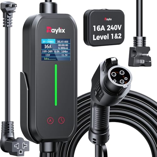 Raylix 16A Level 1&2 EV Charger, 110V-240V Electric Car Charger with 21ft Cable [Adjustable Current & Delay Charging] Portable EV Chargers for All SAE J1772, Nema 6-20 & Nema 5-15 Plug, Accessories