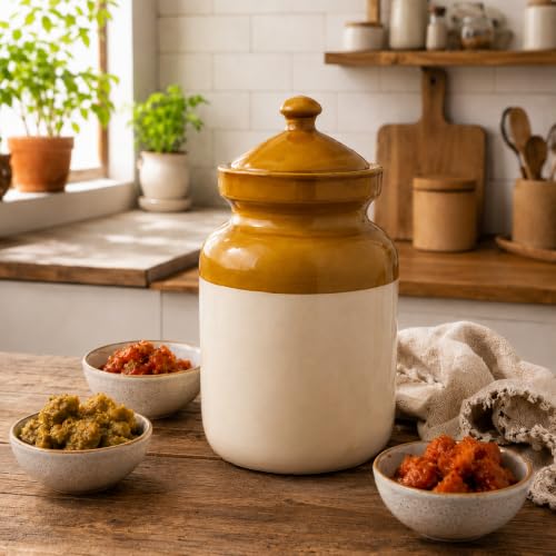 Image of Pure Source India Ceramic Pickle Jar with Lid | Airtight Ceramic Storage Container for Pickles, Chutney, Spices & Dry Snacks | Glossy Handmade Kitchen Storage Jar (5, litres)