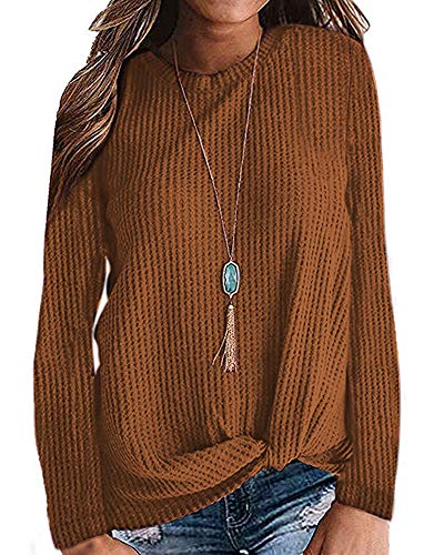 MISFAY Womens Casual Top Long Sleeve Cute Twist Knot Waffle Knit Shirts Tops(Yellow,M)