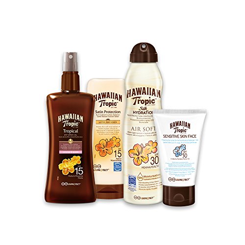 Hawaiian Tropic Pack Media Protección - Kit con Aceite Seco Bronceador Spray SPF 15 + Satin Ultra Radiance SPF 15 + Bruma Silk Hydration Air Soft SPF 30 + Sensitive Skin SPF 50