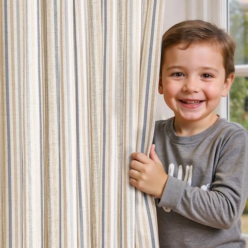 jinchan Colorful Linen Curtains for Nursery Living Room Multi Blue on Beige Striped Curtains for Bedroom Cute Ticking Stripe Farmhouse Baby Boys Kids Room Light Filtering Grommet 2 Panels 96 inch