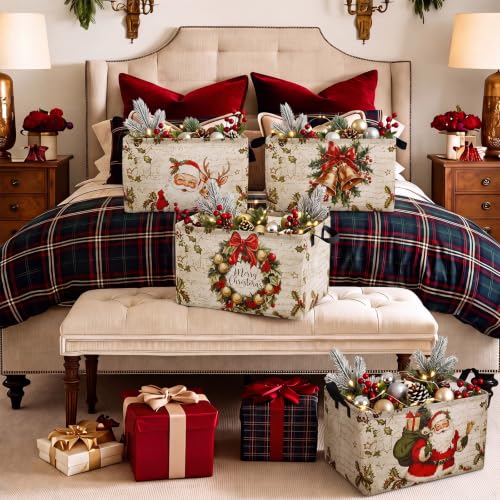 Image of Chunful 4 Pack Christmas Storage Baskets for Gifts Collapsible Christmas Santa Claus Reindeer Retro Farmhouse Laundry Storage Bins Foldable Box with Handles for Home Bedroom Office Clothes Containers