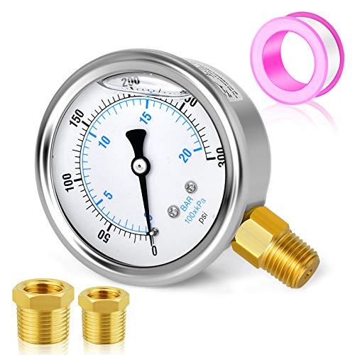 MEANLIN MEASURE 0~300Psi Stainless Steel 1/4" NPT 2.5" FACE DIAL Liquid Filled Pressure Gauge WOG Water Oil Air Lower Mount, with 1/2" NPT and 3/8" NPT Hex Bushing