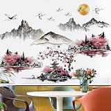 Large Chinese Style Splash Ink Landscape Painting Wall Decals Pink Cherry Blossom Wall Stickers Nature Mountain Landscapes Wall Art Removable White Crane Peel and Stick Wallpaper for Kids Room Decor