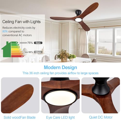 Image of 52 Inch Wood Flush Mount Ceiling Fans with Lights and Remote, Dimmable 3 Blade Wood Bedroom Ceiling Fan with Lights Low Profile Ceiling Fans with Light Outdoor Ceiling Fan for Patios Bedroom