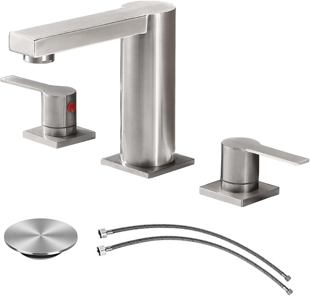 Ufaucet Modern Commercial 2 Handle 3 Holes Widespread Stainless Steel Brushed Nickel Bathroom Faucet, 8 inch Lavatory Sink Faucet with Supply Hoses and Pop-Up Drain
