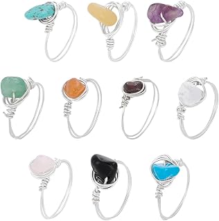 UNICRAFTALE 10Pcs Chakra Crystal Rings for Women - 10 Styles Copper Wire Wrapped Gemstone Healing Jewelry