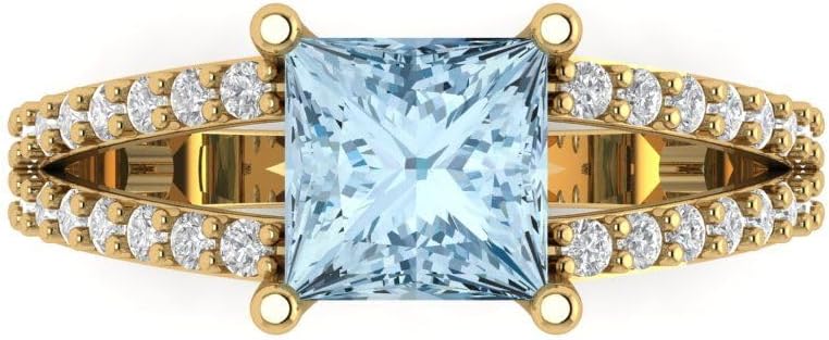 Clara Pucci 14K Solid Yellow Gold 2.48 ctw SkyblueTopaz Solitairewith Accents Ring for Women | Anniversary, Birthday Gift | 7.0mm Princess Cut