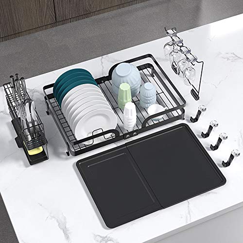 CozyBlock Steel Foldable Dish Drying Rack with Utensil, Cutlery Holder & Glass Hanger – Rust Proof Kitchen Countertop Dish Rack with Extra Large Drainboard Set – Bonus Drinkware Clips