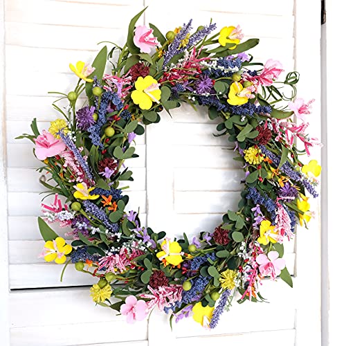 Bibelot 20" Daisy And Lavender Wreath Colourful Artificial Flower With Berry Wreath Spring Summer Wreath For Front Door Wall Window Wedding Decor #TOP3