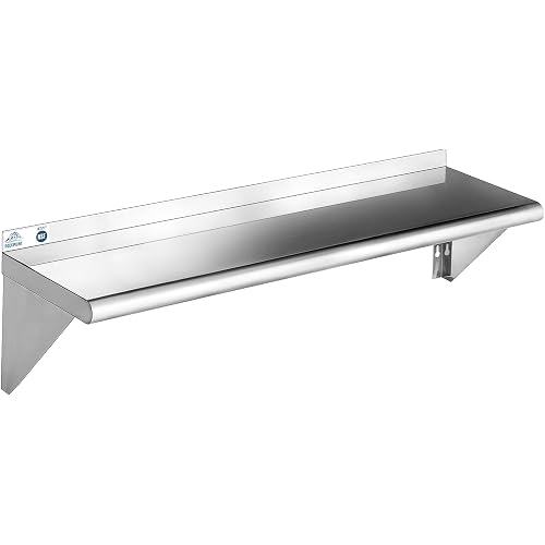 ROCKPOINT Stainless Steel Shelf 12 x 48 Inches 350lb, NSF Metal Commercial Shelves Wall Mount Floating Shelving with Backsplash for Restaurant, Kitchen, Home and Hotel, Silver