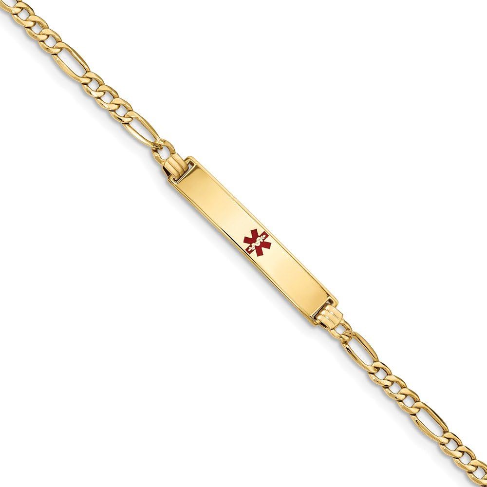 Real 14kt Yellow Gold Semi-solid Medical Red Enamel ID Chain Bracelet; 7 inch