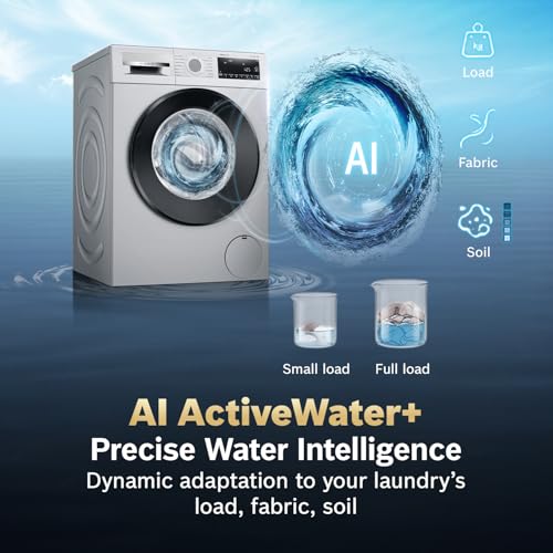 Image of Bosch 9 kg 5 Star Front Load Fully Automatic Washing Machine, AI ActiveWater, Automated Dosing of Detergent(ADOS), Antibacterial Tech, 14 Wash Programs, 53L Large Drum, Silver,WGA242ISIN (2026 Model)