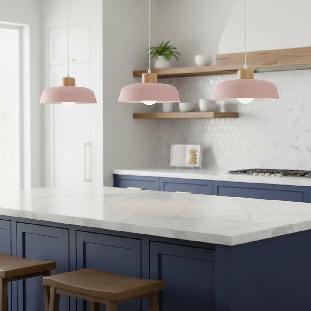 ⌀30cm Pendelleuchte Esstisch, Moderne Bunt Hängeleuchte aus Metall & Holz E27-Fassung, Höhenverstellbar Hängelampe für Küchen, Esszimmer, Schlafzimmer & Wohnzimmer (Rosa)