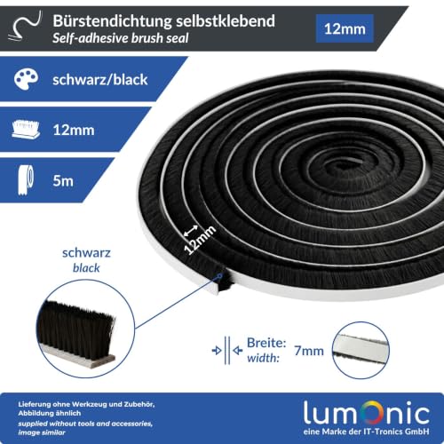 Miniatura 2 de Lumonic 5m Junta De Cepillo Negra 12mm Autoadhesivo Se Puede Cortar A Medida Protector Contra Corrientes De Aire, Protección Contra El Frío, Mosquitera Para Ventanas, Puertas, Armarios