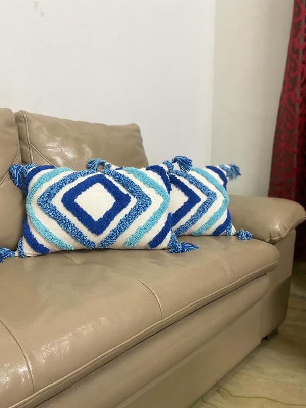 SAMAIR Luxurious Attractive Design Pure Soft Cotton (Set of 2) Rectangle Cushion Pillow Cover Case for Sofa & Living Room, size-12x20 inch-Blue Diamond
