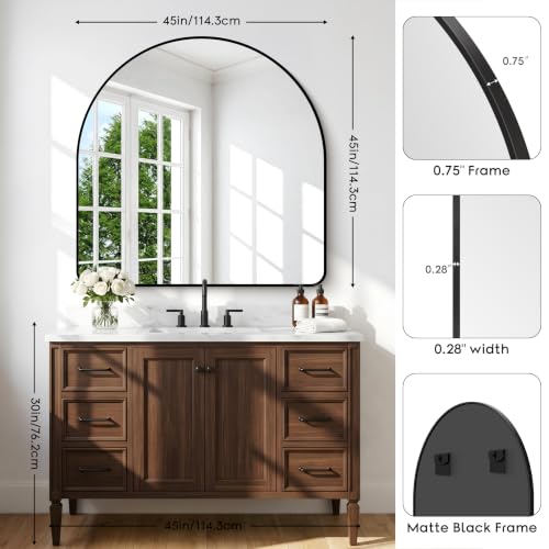 Image of BONEWEI Arched Wall Mirror,45x45 inch Black Arched Mirror Bathroom,Large Vanity Mirror for Over Sink Metal Frame,Tempered Glass Arch Mirrors for Bedroom,Entryway,Living Room,Home Decor Shatter-Proof