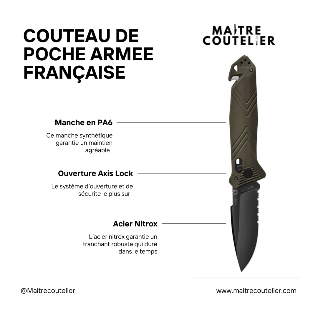 TB Outdoor - Couteau CAC® - Couteau Armée Française - Survie et Outdoor - Lame Anti-Corrosion avec Serrations - Manche PA6 FV Noir - Lame Utile 85 mm