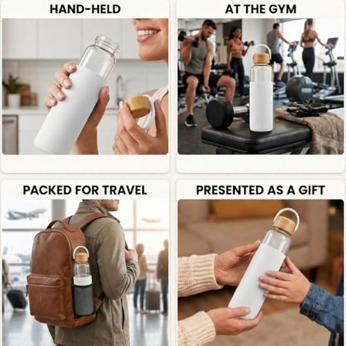 Image of Giftana Personalized Borosilicate Glass Water Bottle 500ml with Glass Sipper Tumbler 450ml, Reusable Leakproof Drinking Bottle with Silicone Sleeve, Eco-Friendly Bottle for Office Gym Travel (White)