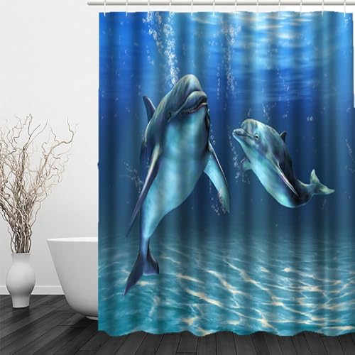 Dauphin Rideau de Douche 240x200 cm Anti Moisissure 3D Animaux sous-Marins Rideaux de Baignoire Tissu Lavable Imperméable Polyester pour Rideau Douche Salle...