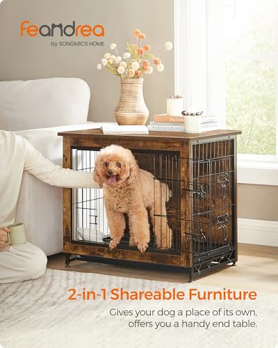 Feandrea Hundekäfig Möbel Beistelltisch Moderne Hundehütte für Hunde Indoor bis 13.6 kg Schwerlast Hundekäfig mit Mehrzweck Abnehmbarem Tablett Doppeltür Hundehaus Rustikales Braun UPFC001X01