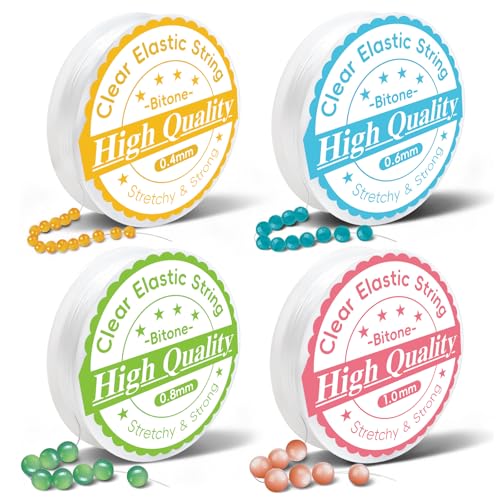 Bitone Kit de Fil Élastique Transparent (0.4mm 0.6mm 0.8mm 1.0mm) - 54M au Total, Fil en TPU Extensible pour Création de Bijoux, Bracelets, Colliers, Perles...