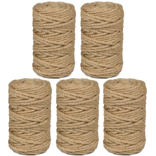 Image of 5Pack 5mm Natural Jute Twine Rope 525 Feet Twisted Heavy Duty Thick Twine for Cat Scratching Post Tree Craft Projects Garden Home Decoration Packing Bundling (Brown-105Feet /Roll)
