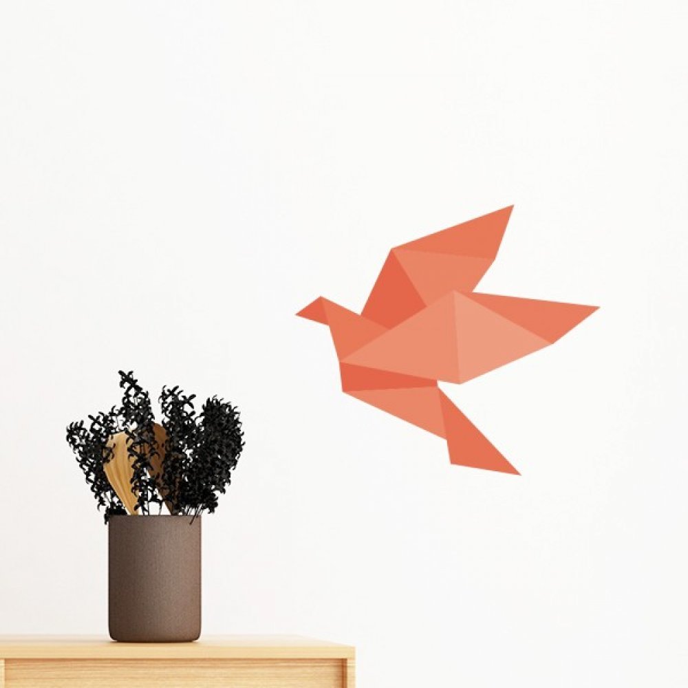 Oiseau rouge origami autocollant mural amovible deco grand sticker chambre 80cm