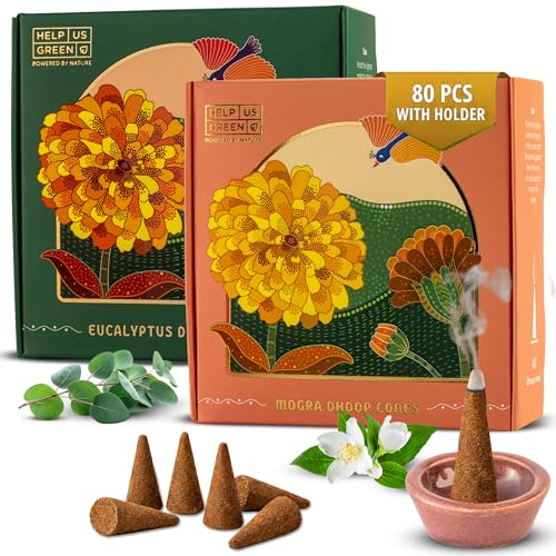 Image of HelpUsGreen Natural Dhoop Cones Eucalyptus and Mogra (80 Cones Pack of 2)|Charcoal Free Organic Low Smoke Long Lasting Incense Cones for Pooja Samagri, Home Fragrance, Meditation|Free Ceramic Holder
