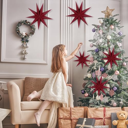 Image of 12 Inches 5 PCS Wine Red Paper Star Lanterns Christmas Party Decorations Hanging Stars Christmas Party Decorations Wedding Birthday Christmas Home Party Decorations(9 Pointed)