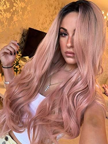 Chantiche Girl Light Pink Front Lace Wig,Long Natural Wavy Synthetic Wigs for Women Half Hand Tied Baby Pink Lace Wigs with Dark Roots 22 Inch