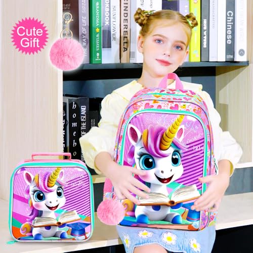 Image of AGSDON 3PCS Unicorn Backpack for Girls, 16 inch Little Kids Preschool Water Resistant Bookbag, Elementary Backpacks and Lunch Box