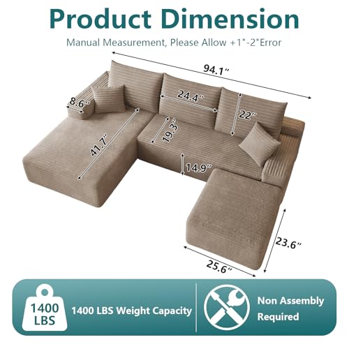 Image of 95 inch U-Shape Cloud Couch, Modern Modular Sectional L-Shape Sofa with Ottoman, Corduroy Upholstered Couches Deep Seat Sleeper Chaise Longue for Living Room, No Assembly Required(Camel, Left Facing)