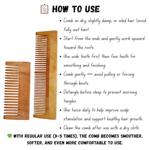 Image of Neem Wood Comb Set for Hair Growth | 100% Natural Anti-Static Neem Wooden Combs for Women, Men & Kids | Wide Tooth & Fine Tooth Kacchi Kanghi for Dandruff Removal, Hair Fall Control, Scalp Massage & Detangling | Large & Pocket Size (Pack of 2)