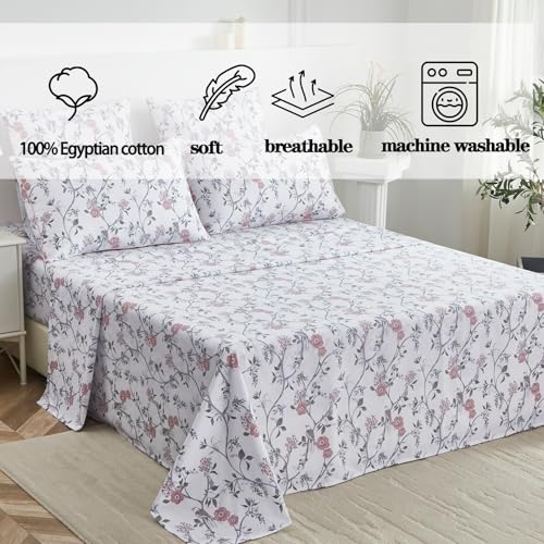 Image of FADFAY Sheets Set Cal King Rustic Bird Floral Bed Sheets Set Vintage Botanical Bedding Shabby Branches Leaves Bedding Collections 100% Egyptian Cotton 17.7 inch Deep Pocket 4Pcs, California King Size