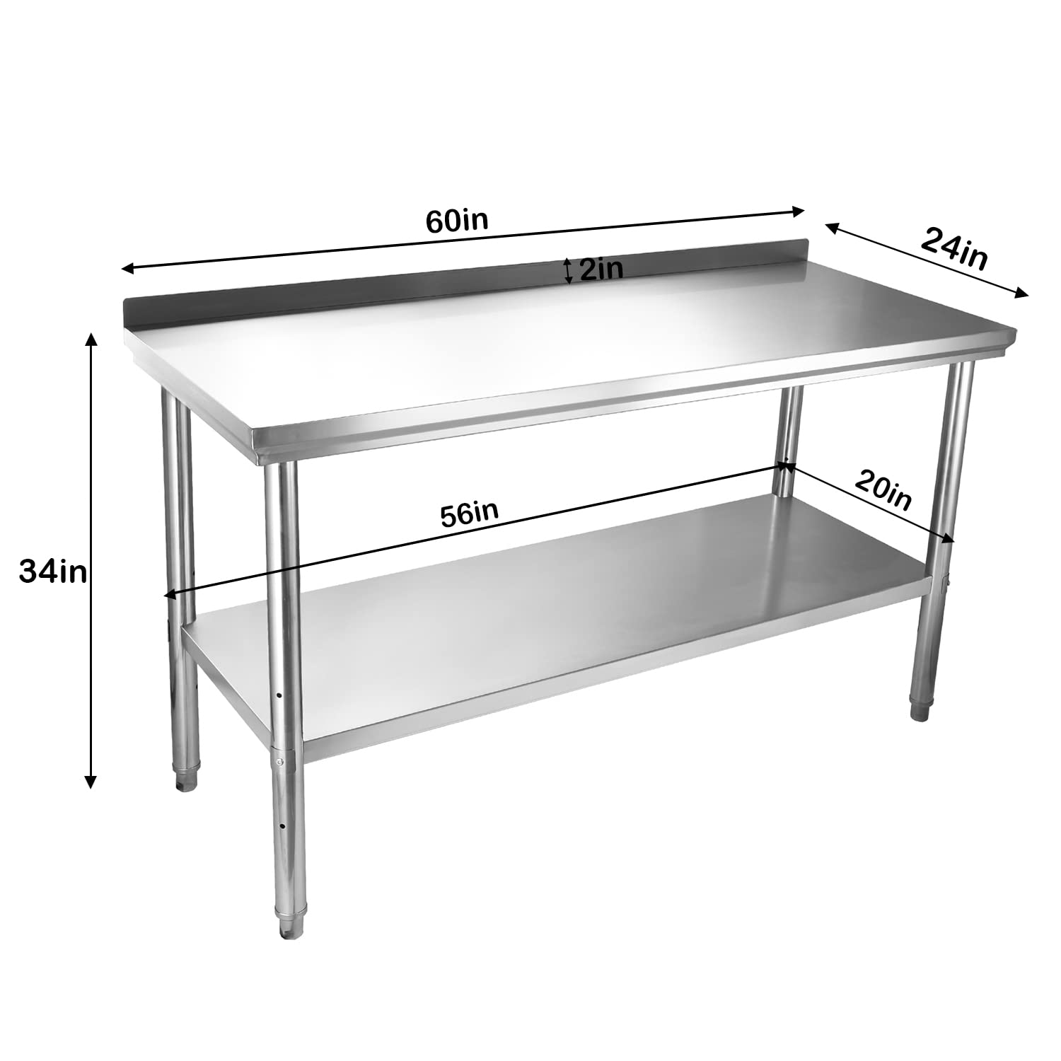 Mesa de trabajo de cocina de acero inoxidable con protector contra salpicaduras, 60 x 24 x 34 pulgadas, mesa de trabajo comercial de metal con estante ajustable, mesa de isla para cocina