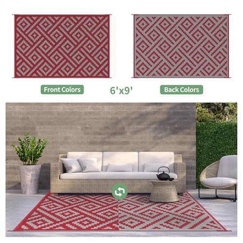Image of GENIMO Outdoor Rug, Waterproof Plastic Rugs for Patio, 6'x9' Red Grey
