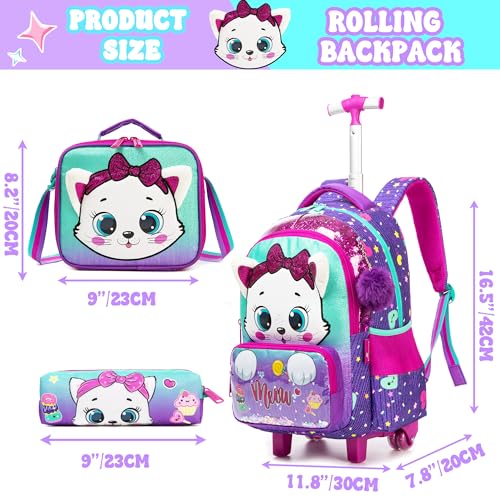 Rolling Backpack with Wheels for Girls Kids Cute Cat Rolling Backpack with Lunch Bag and Pencil Case Set Kids Travel Luggage for Elementary Girls Ages 5-122