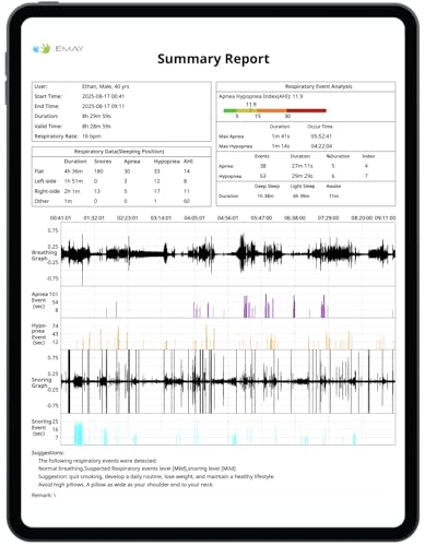 Image of EMAY Sleep Breathing Monitor for Airflow Tracking | Record Breathing Continuously On the App | Monitor Sleep Quality and Respiratory Events | Generate Professional Sleep Report with Data Analysis